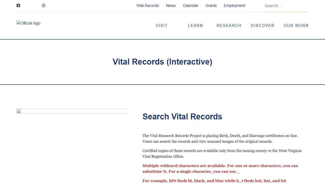 Vital Records (Interactive) - West Virginia Culture Center : West Virginia Culture Center